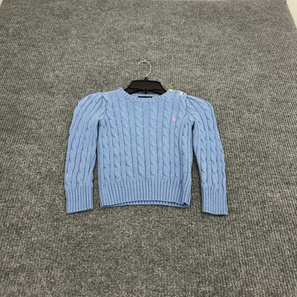 Ralph Lauren Sweater Girls 5 Blue Cotton Cable Knit Puffed Sleeve Preppy Classic